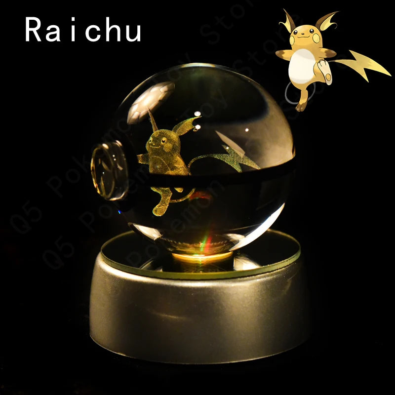 Crystal ball with a Raichu figure inside, featuring a small Raichu plush toy above.
