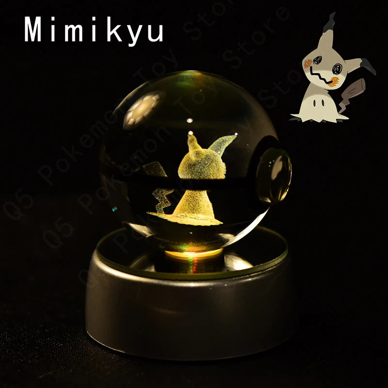 Glass ball with a figurine of Mimikyu, a character from Pokémon, on a black background.
