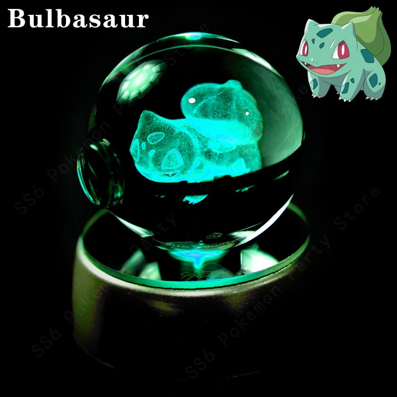 Glowing crystal ball with Bulbasaur inside, featuring the Pokémon character on a black background.