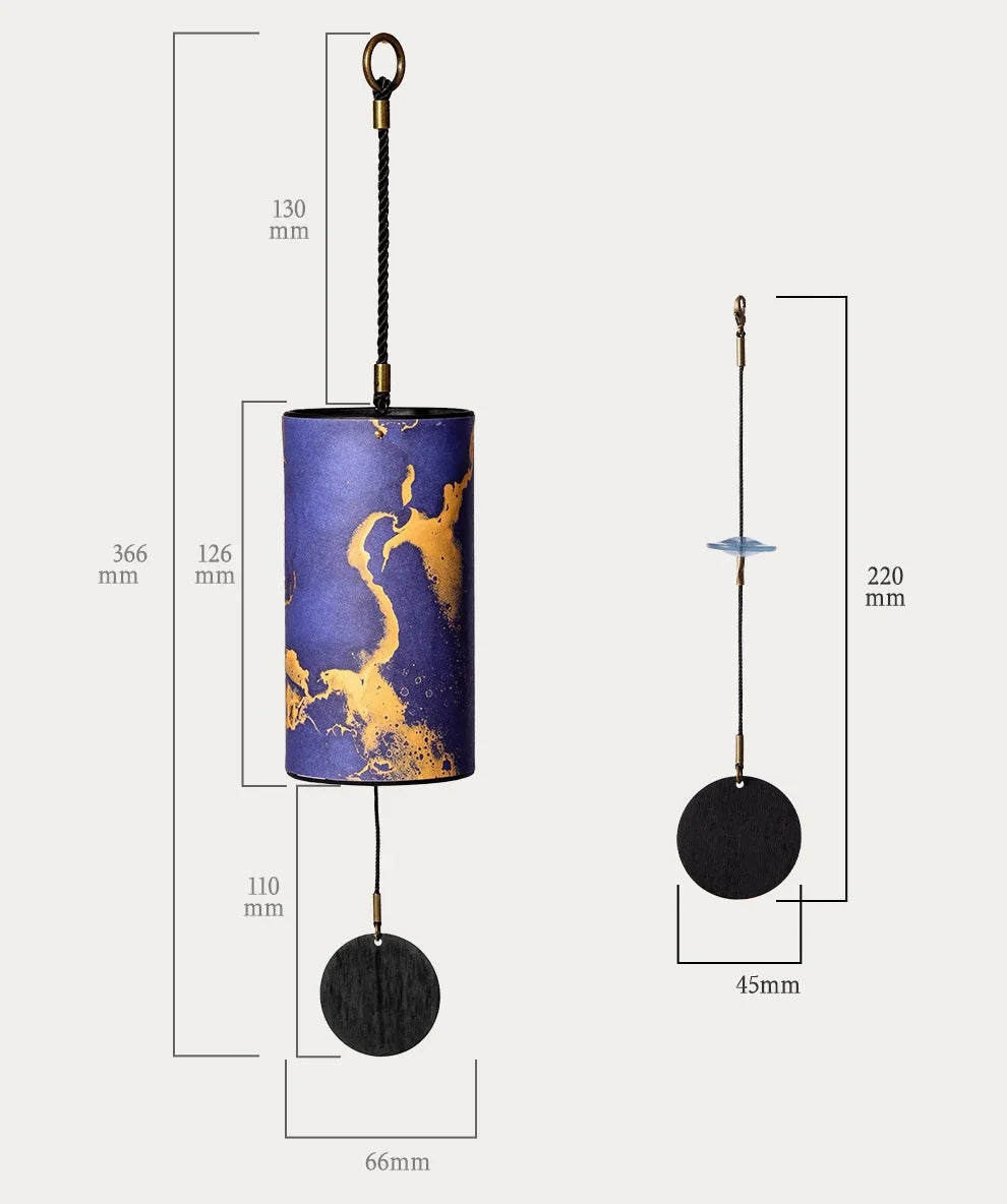 Decorative hanging lamp with measurements on a white background