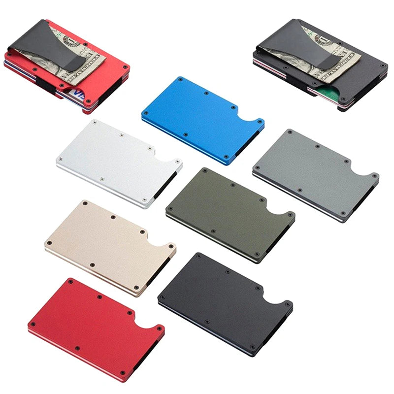 Collection of metal card holders in various colors on a white background