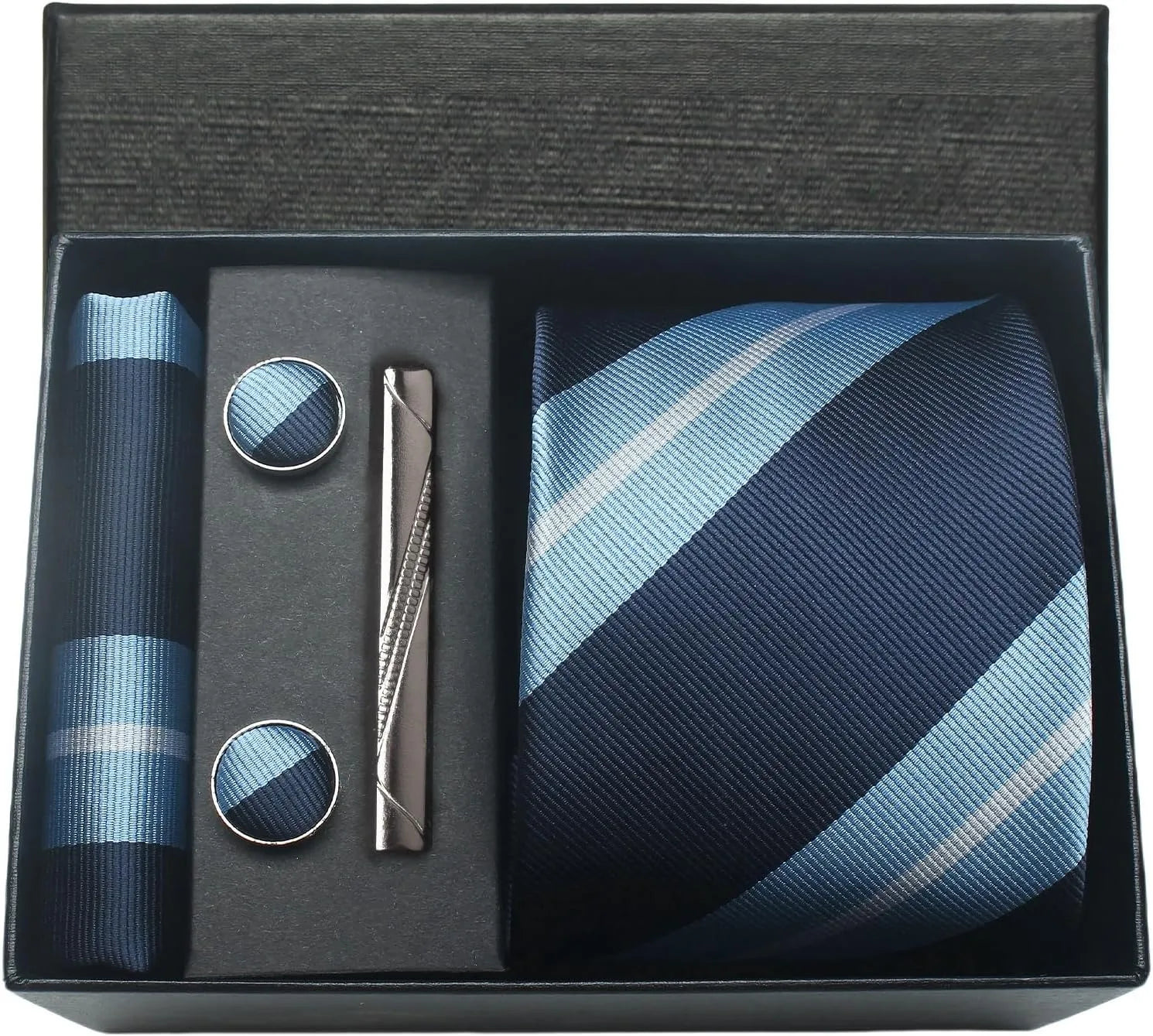 Blue striped tie set with pocket square, cufflinks, and tie clip in a black box.
