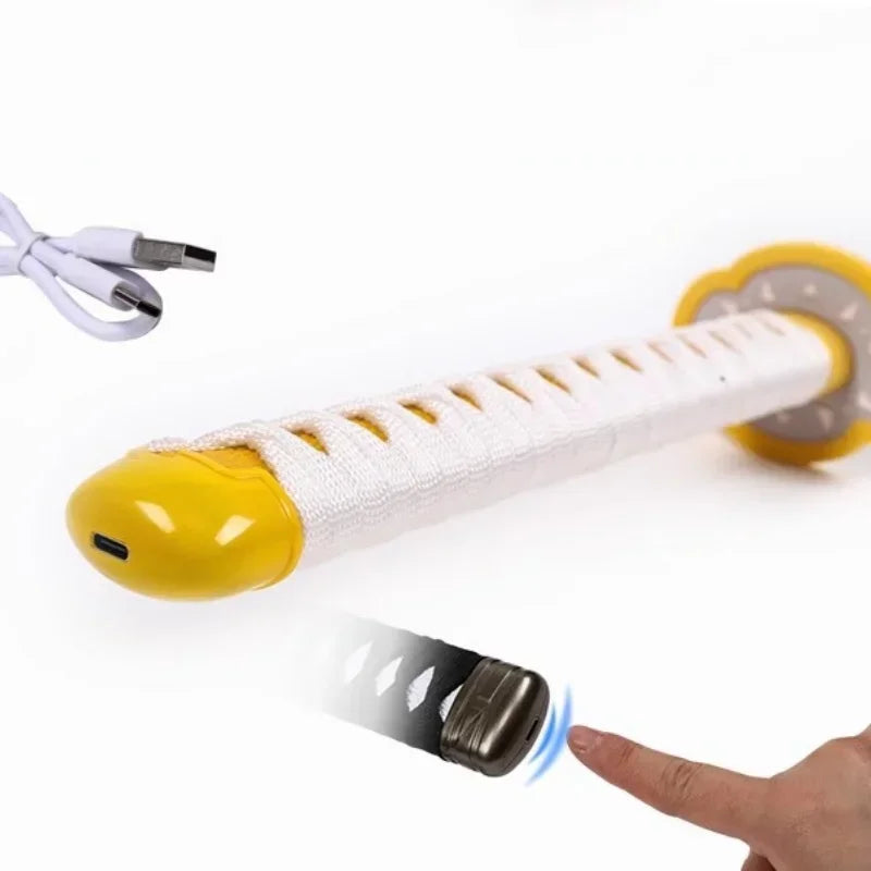 Shoe lace locker with yellow ends and white body, USB cable on the side.