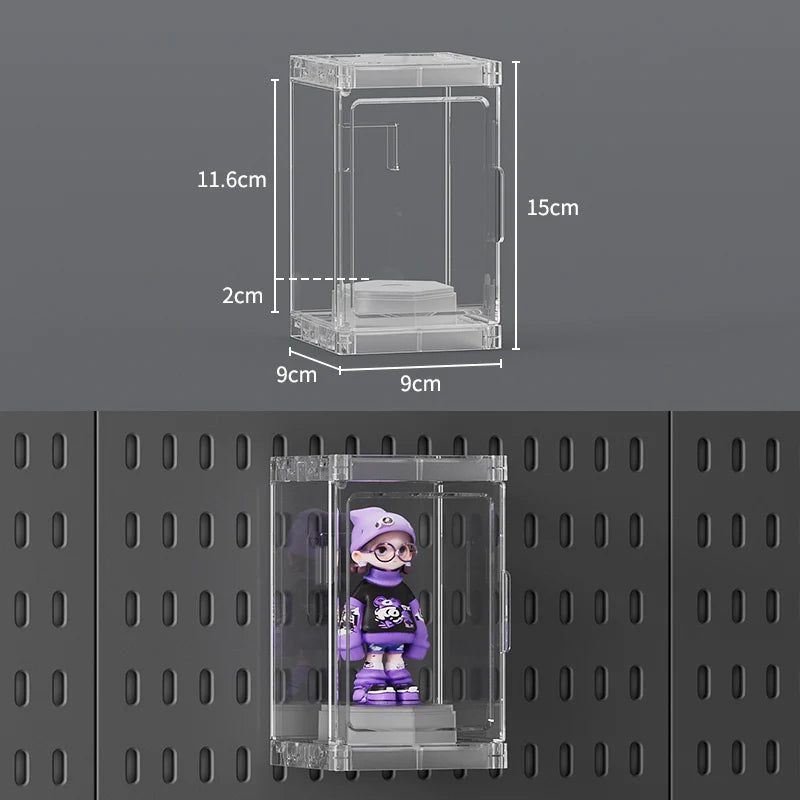 Clear acrylic display case with dimensions and a small figure inside on a dark background