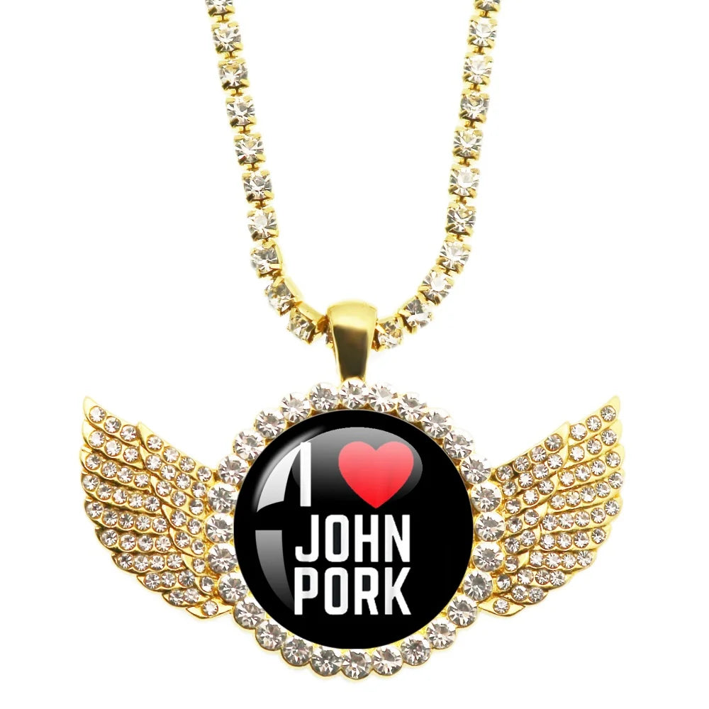 Necklace with pendant featuring 'I ❤️ John Pork' text on a black background.