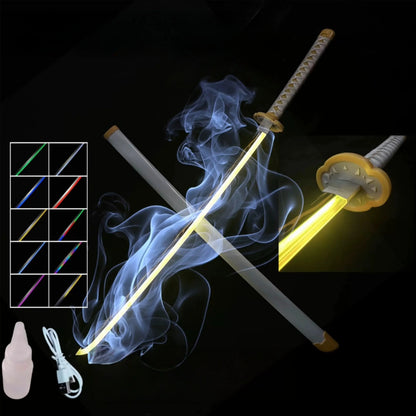 Light-up sword with smoke effect on a dark background