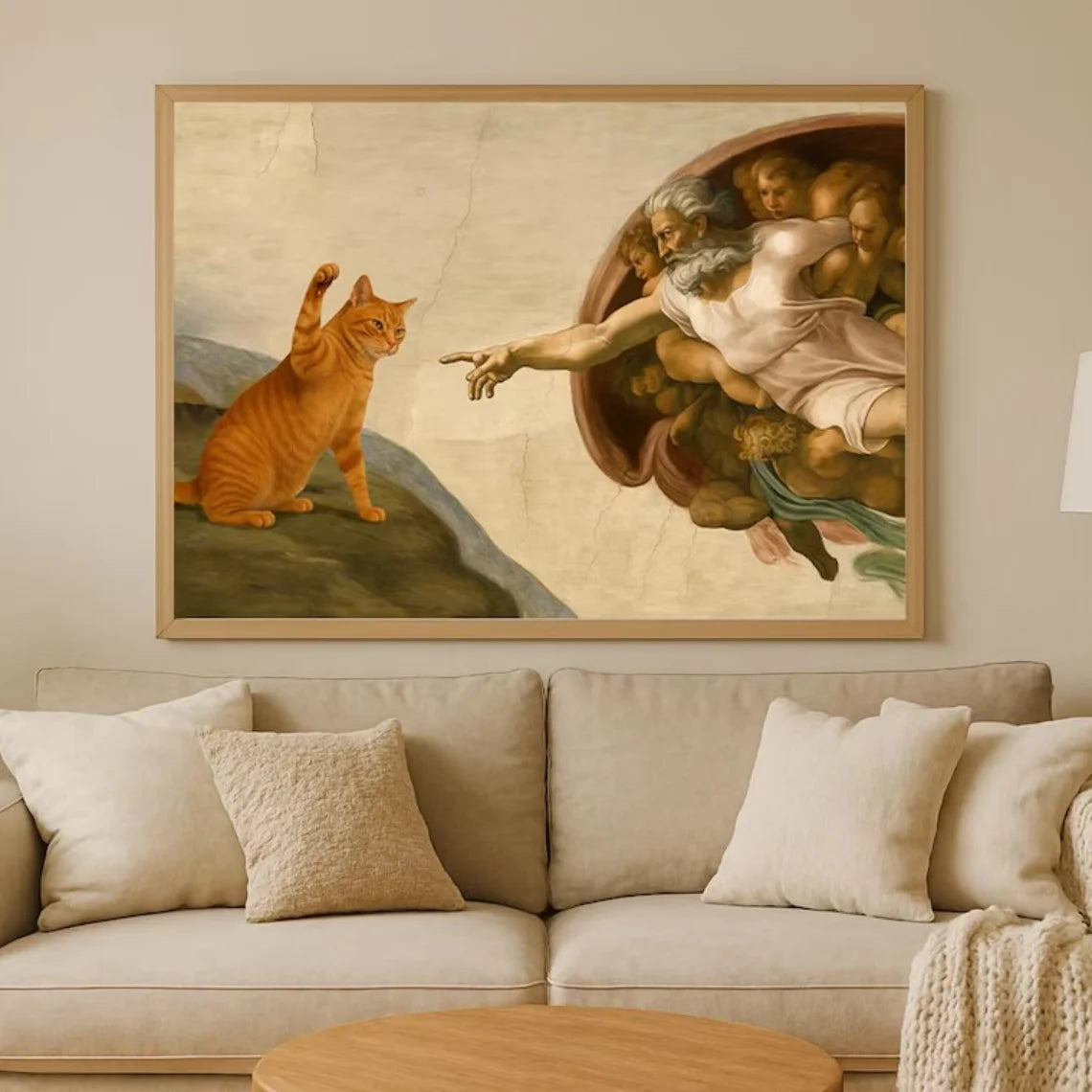Framed artwork of a cat resembling Michelangelo's 'Creation of Adam' on a wall above a sofa.