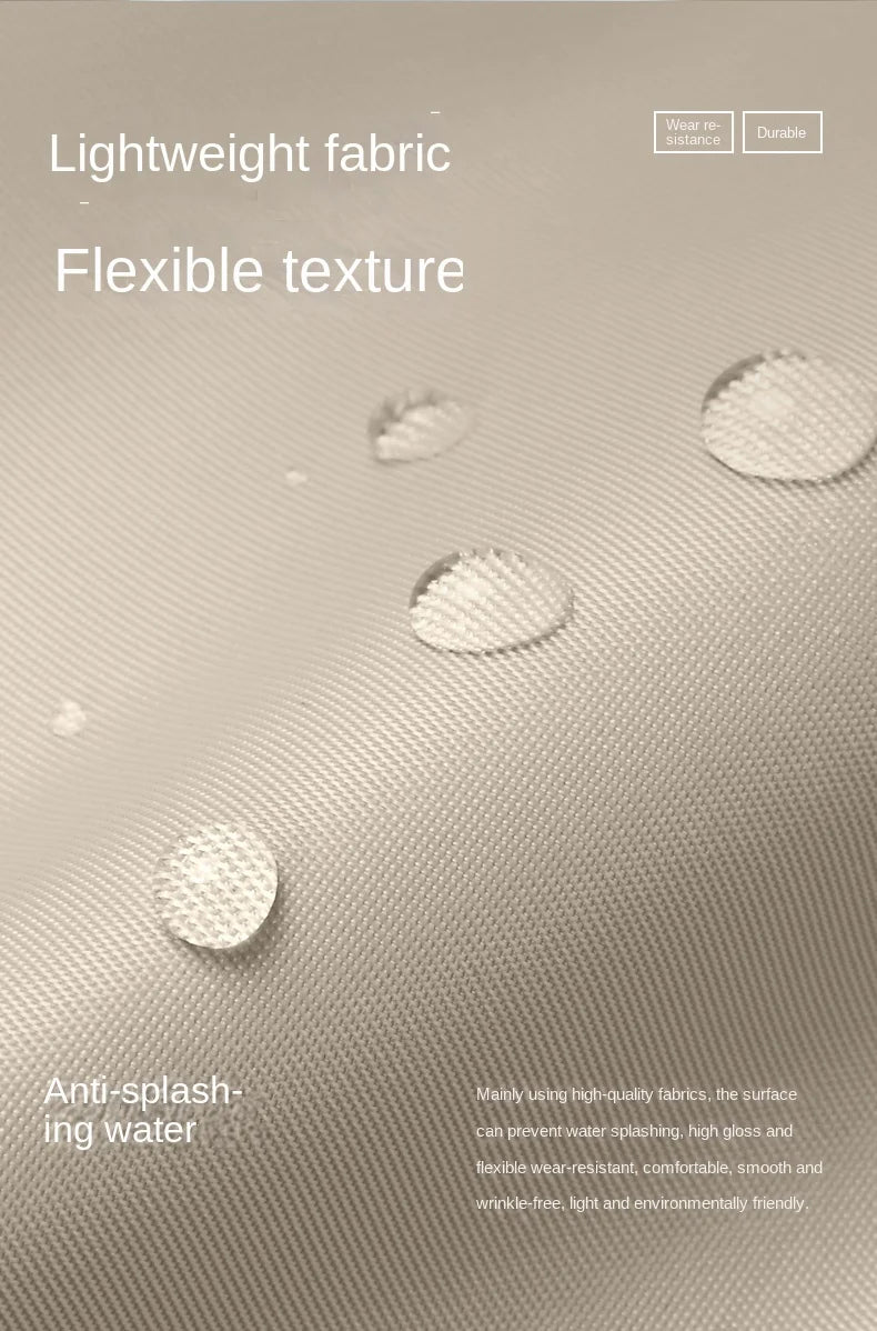 Textured fabric surface with water droplets and descriptive text about fabric properties.
