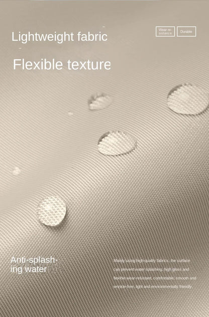 Textured fabric surface with water droplets and descriptive text about fabric properties.