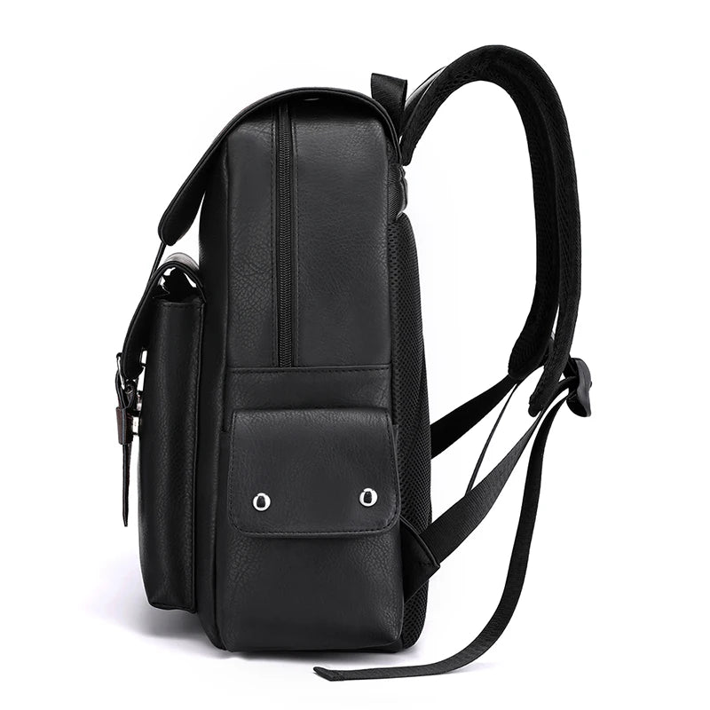 Black leather backpack on a white background