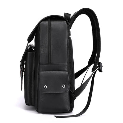 Black leather backpack on a white background