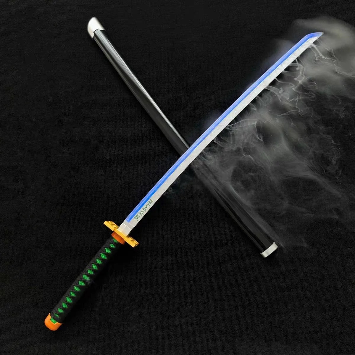 Sword with a green handle and orange accents on a dark background