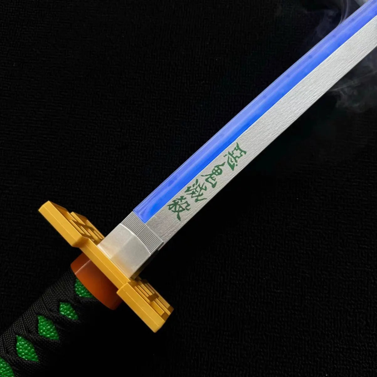 Sword with a blue blade and gold hilt on a black background