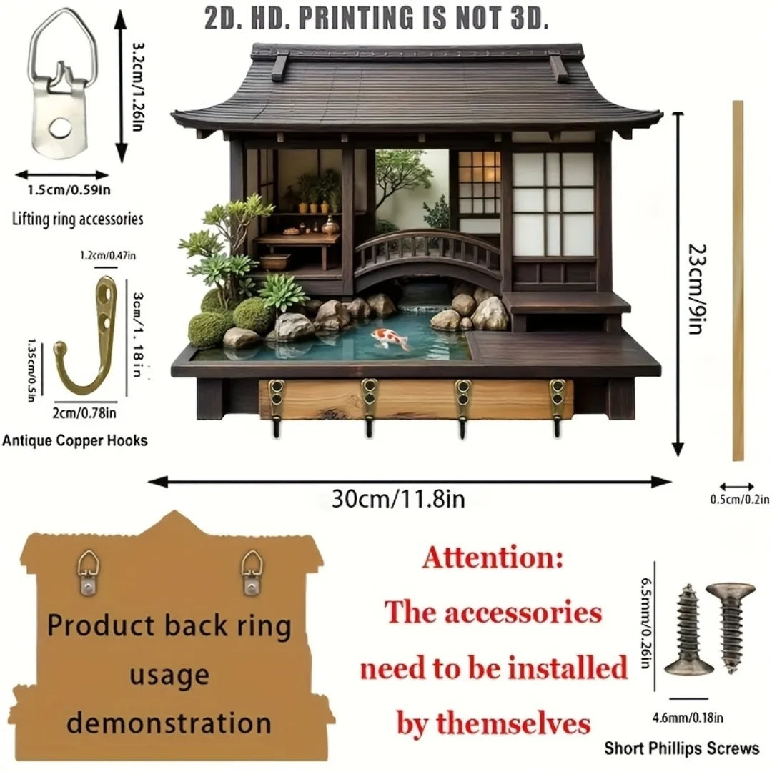 Detailed dimensions and features of a miniature Japanese-style house model with accessories.