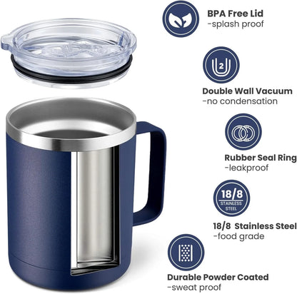 Blue insulated mug with features highlighted on a white background