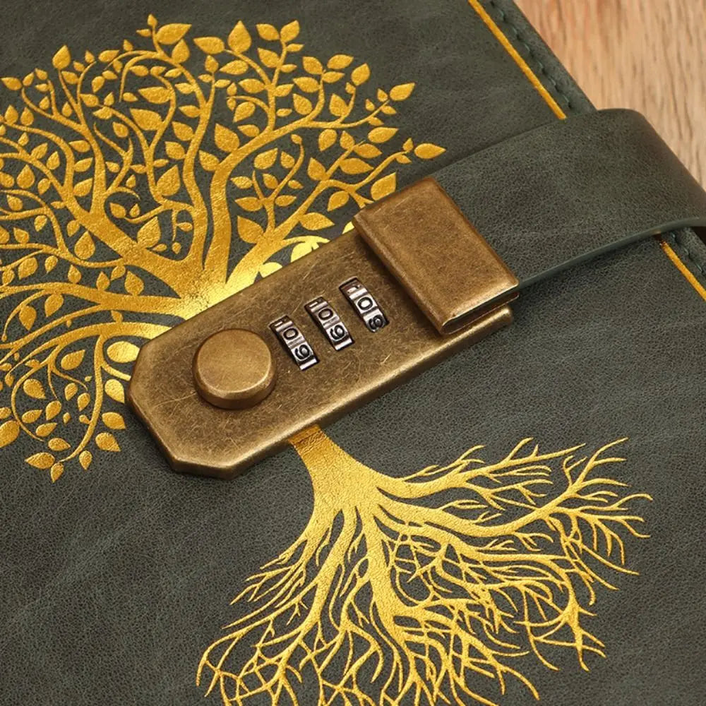 Bronze combination lock on a dark surface with gold tree design