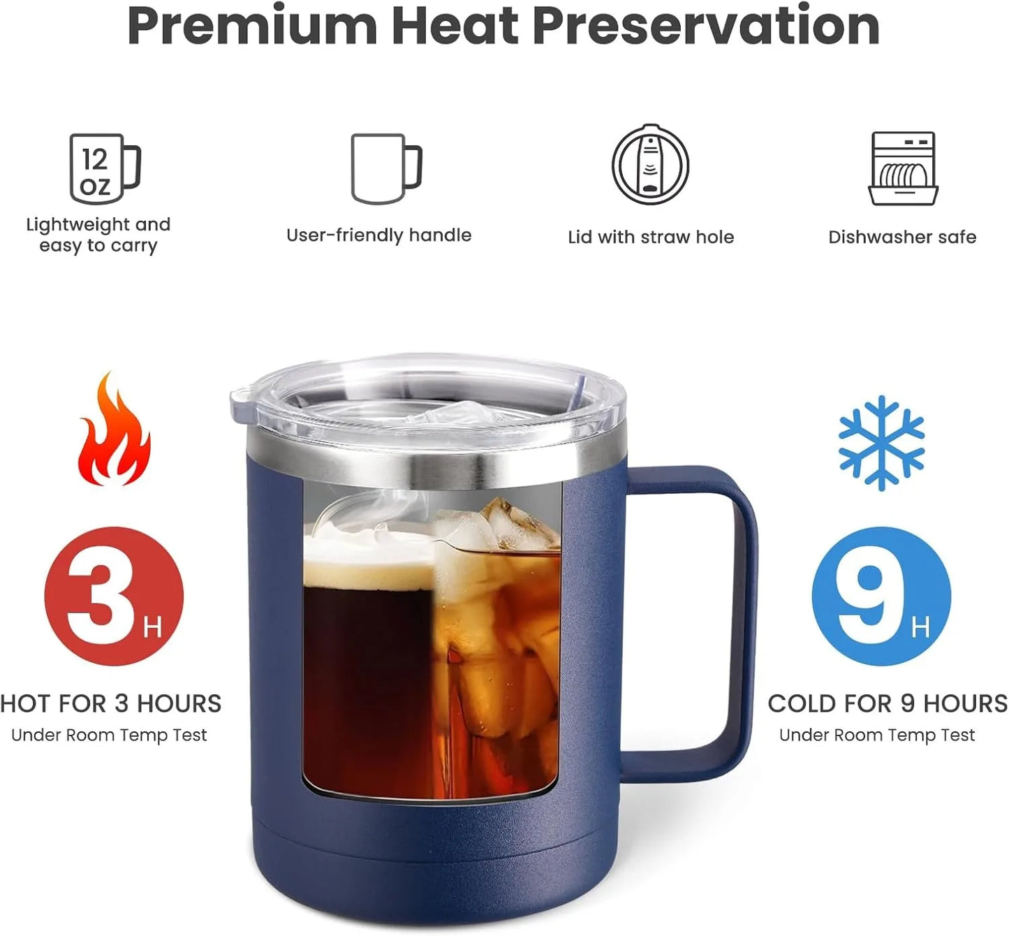 Blue insulated mug with iced drink, surrounded by features of premium heat preservation on a white background.