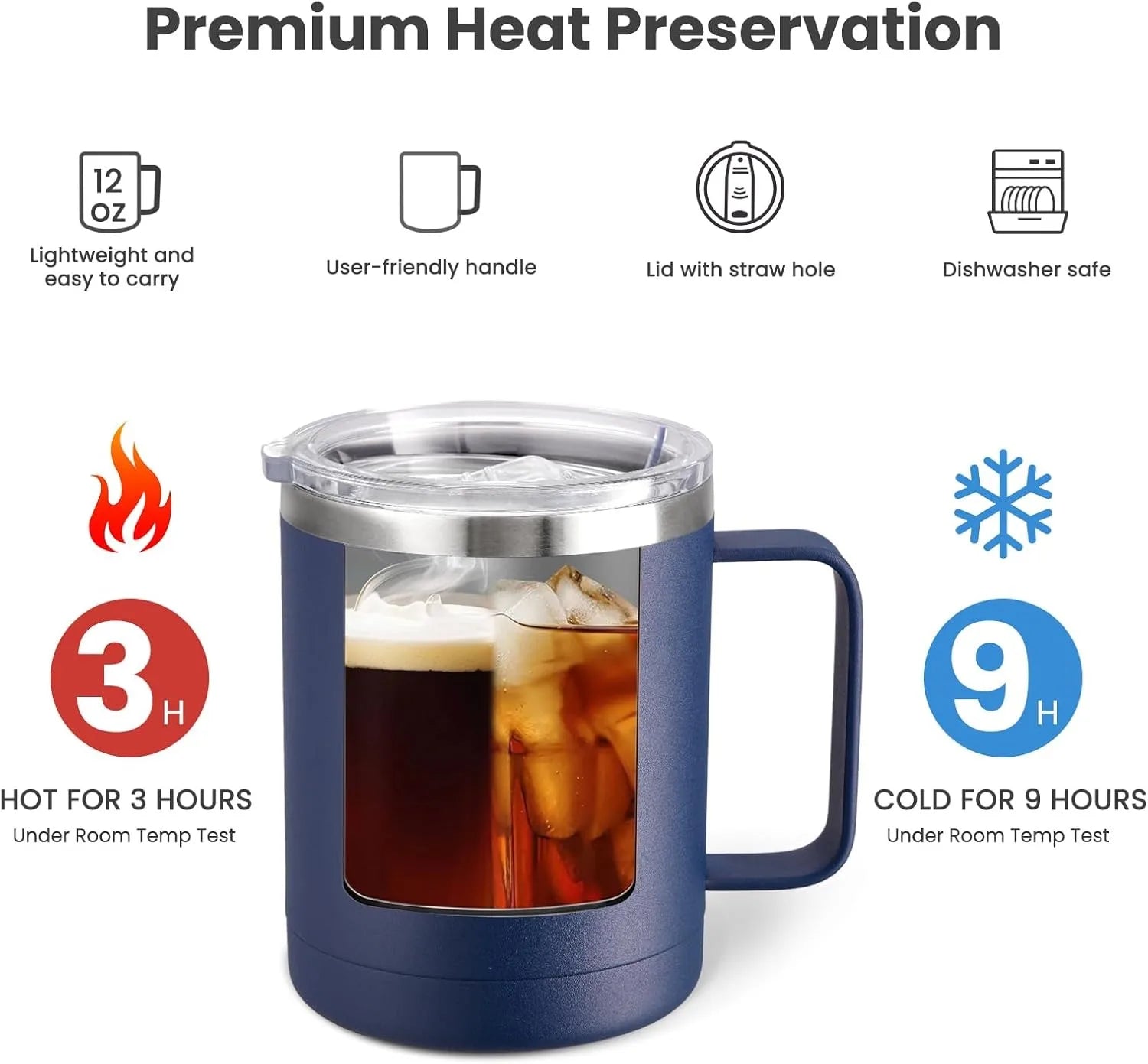 Blue insulated mug with iced drink, surrounded by features of premium heat preservation on a white background.