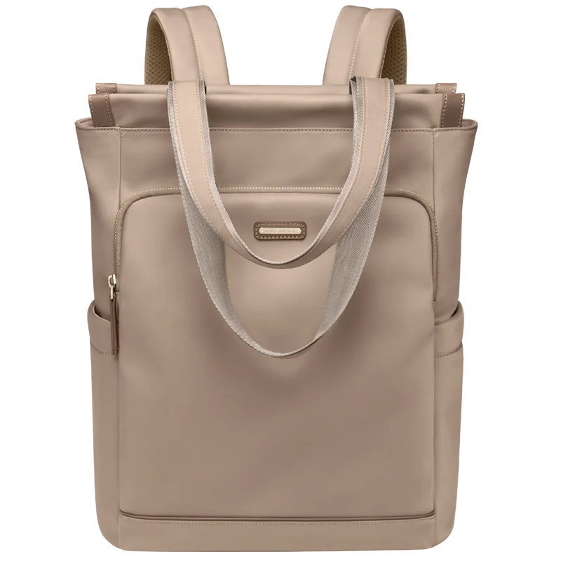 Beige backpack with shoulder straps on a white background