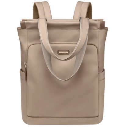 Beige backpack with shoulder straps on a white background
