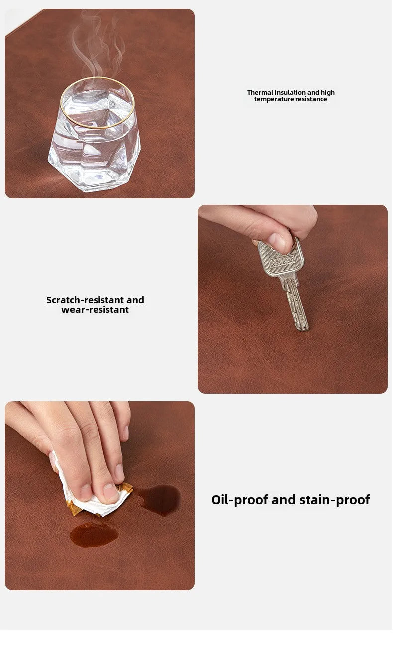 Brown leather mat with features highlighted: scratch-resistant, oil-proof, stain-proof, and high temperature resistance.
