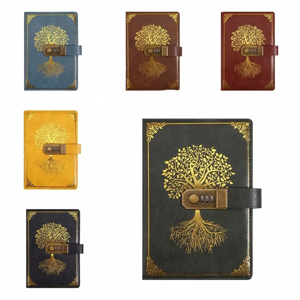 Set of five notebooks with tree design and lock on a white background