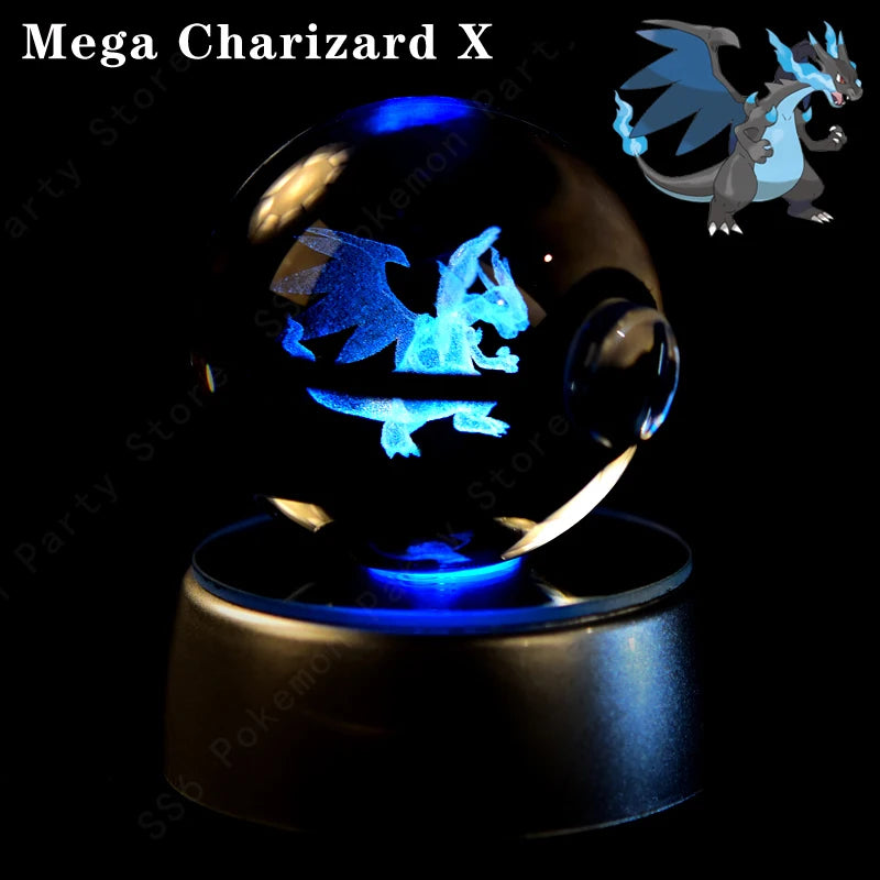 Mega Charizard X light-up ball with blue glow on a black background