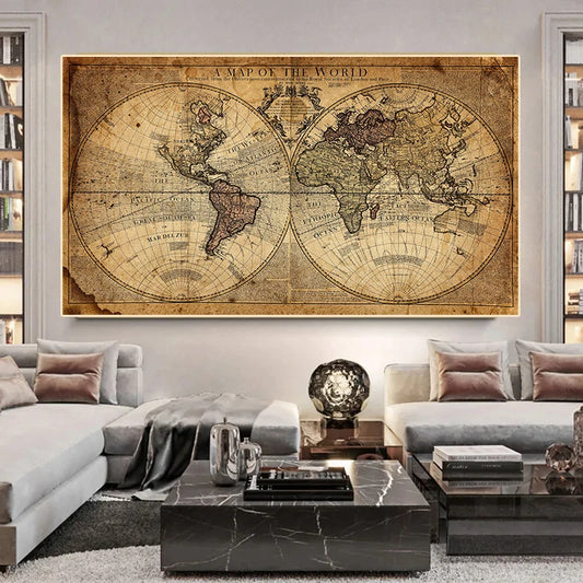 Living room with a large world map on the wall above a sofa.