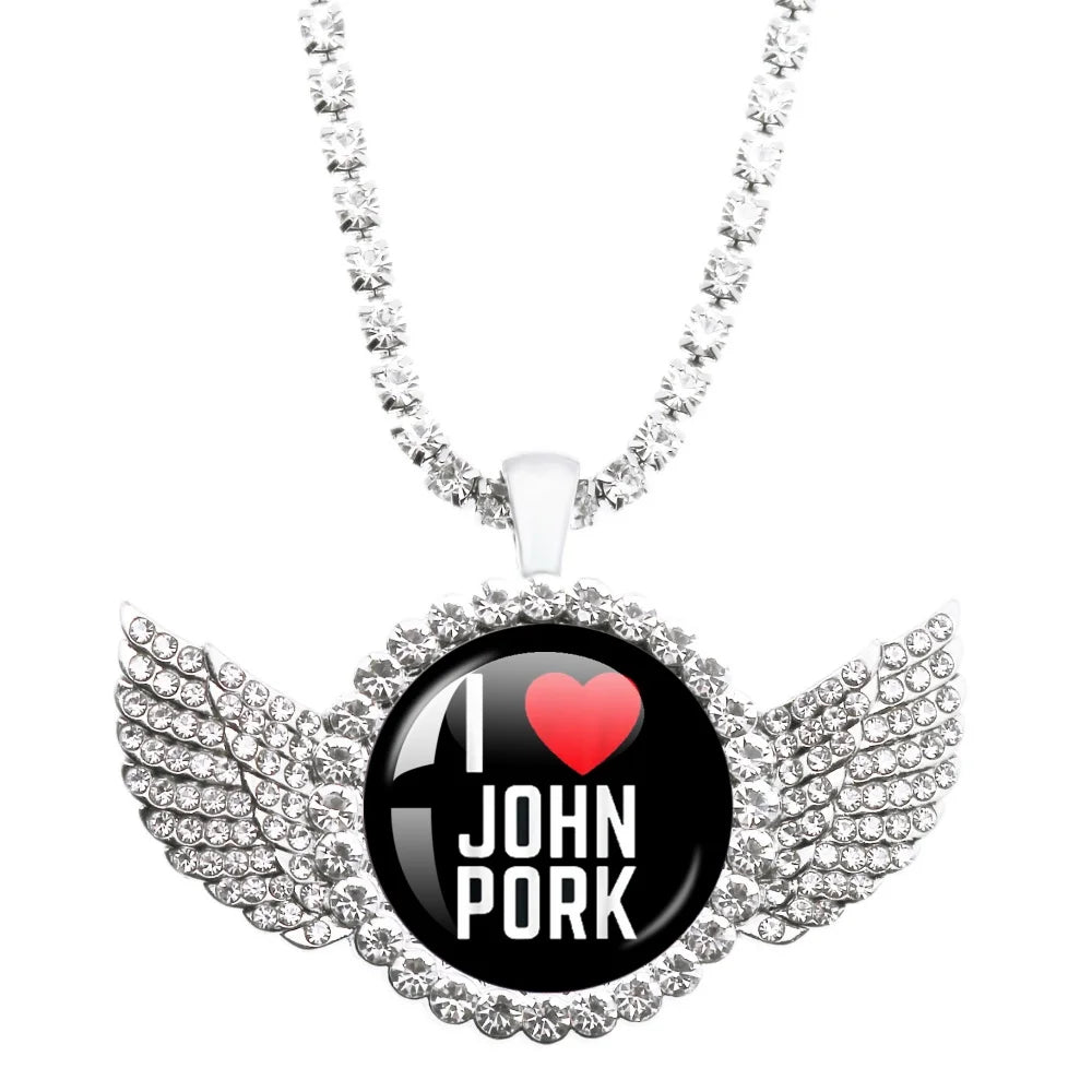 Necklace with pendant featuring 'I ❤️ John Pork' text on a white background