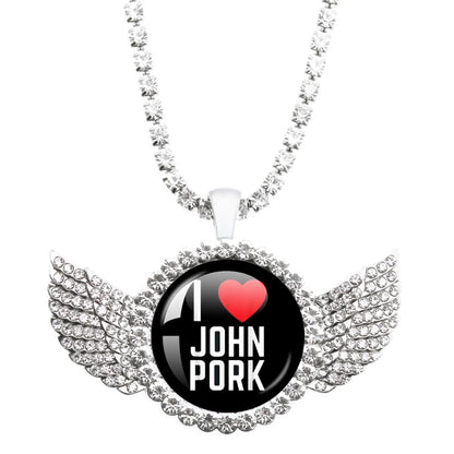 Necklace with pendant featuring 'I ❤️ John Pork' text on a white background