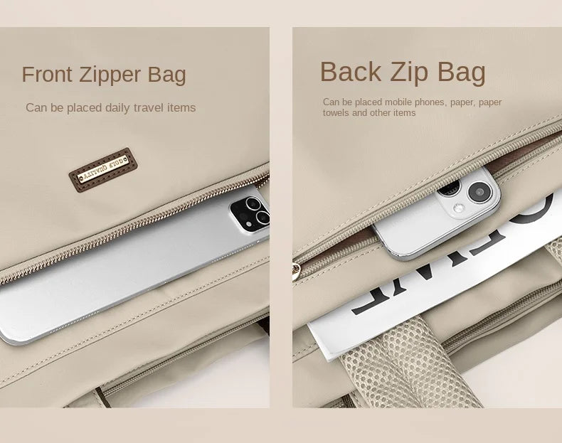 Two views of a beige front and back zipper bag with items inside.