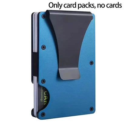 Blue cardholder with a black flap on a white background