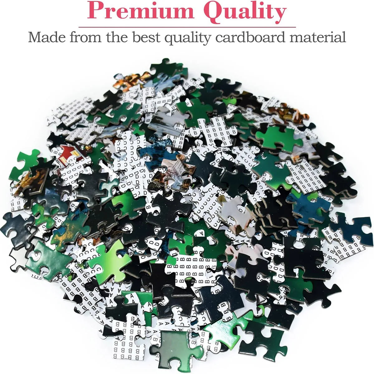 Pile of puzzle pieces with text about premium quality cardboard material
