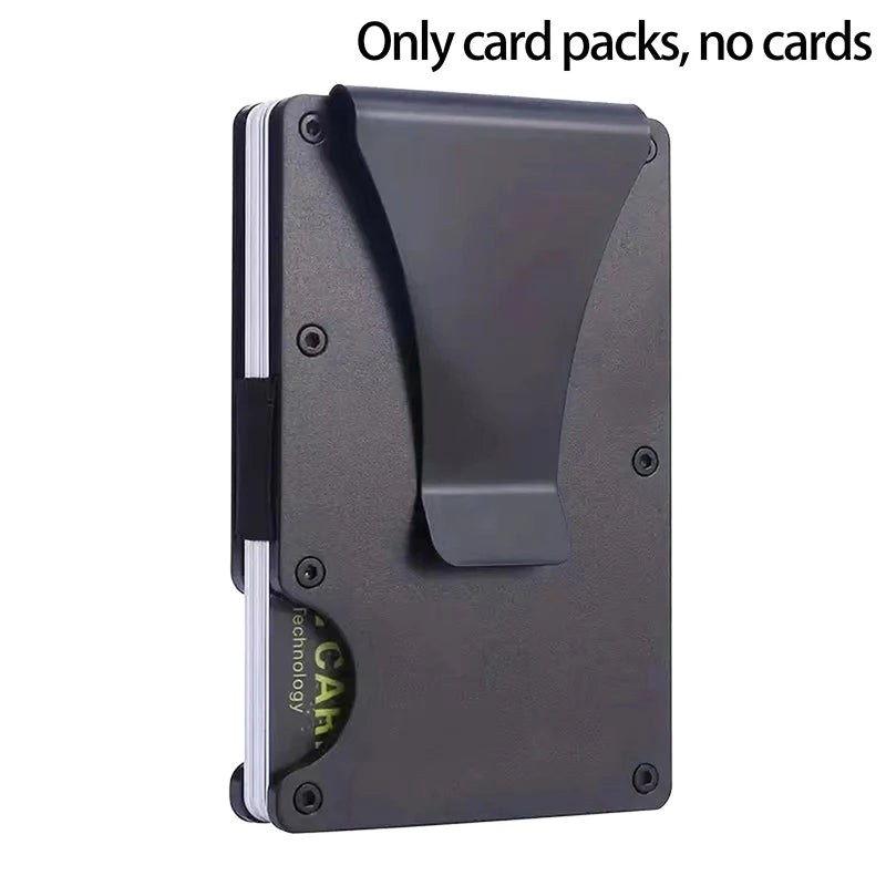 Black cardholder on a white background with text 'Only card packs, no cards'.
