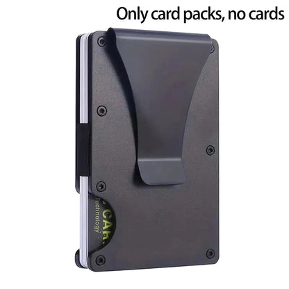 Black cardholder on a white background with text 'Only card packs, no cards'.