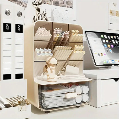 Beige desk organizer with stationery items on a white desk