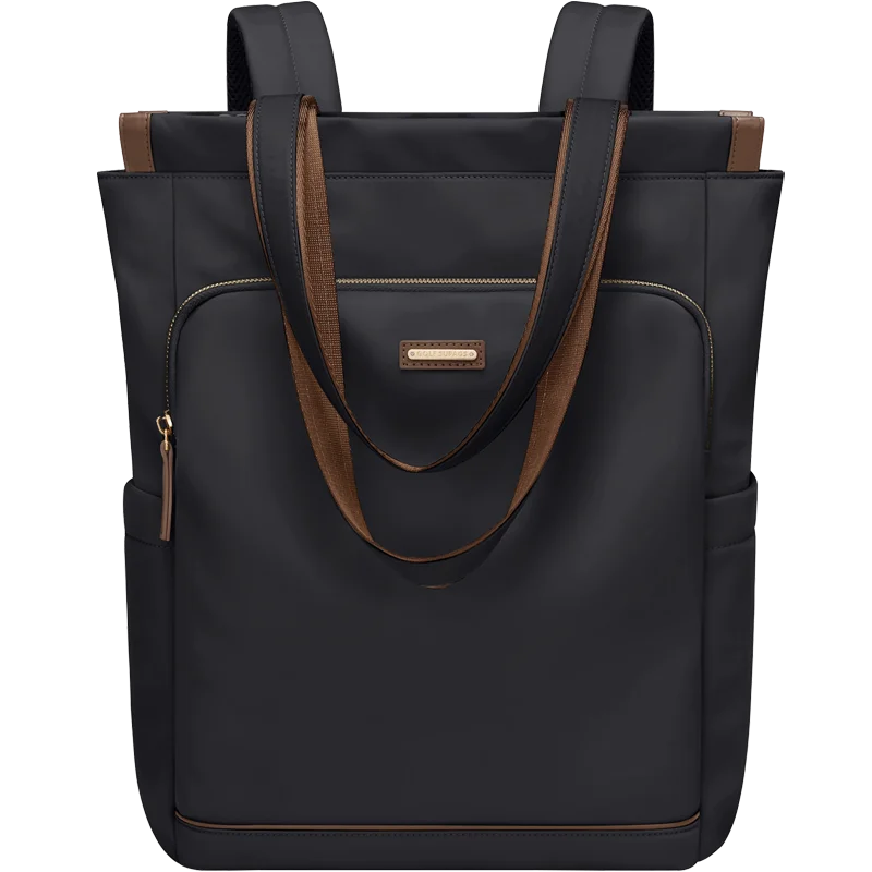 Black tote bag with brown accents on a white background