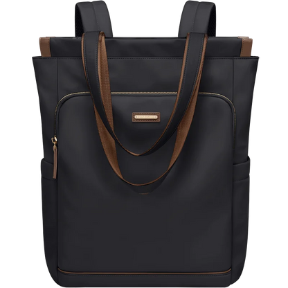 Black tote bag with brown accents on a white background