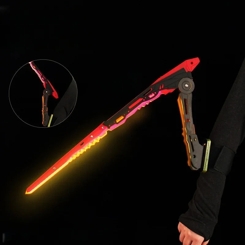 Glowing sword with a close-up inset on a black background