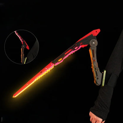 Glowing sword with a close-up inset on a black background