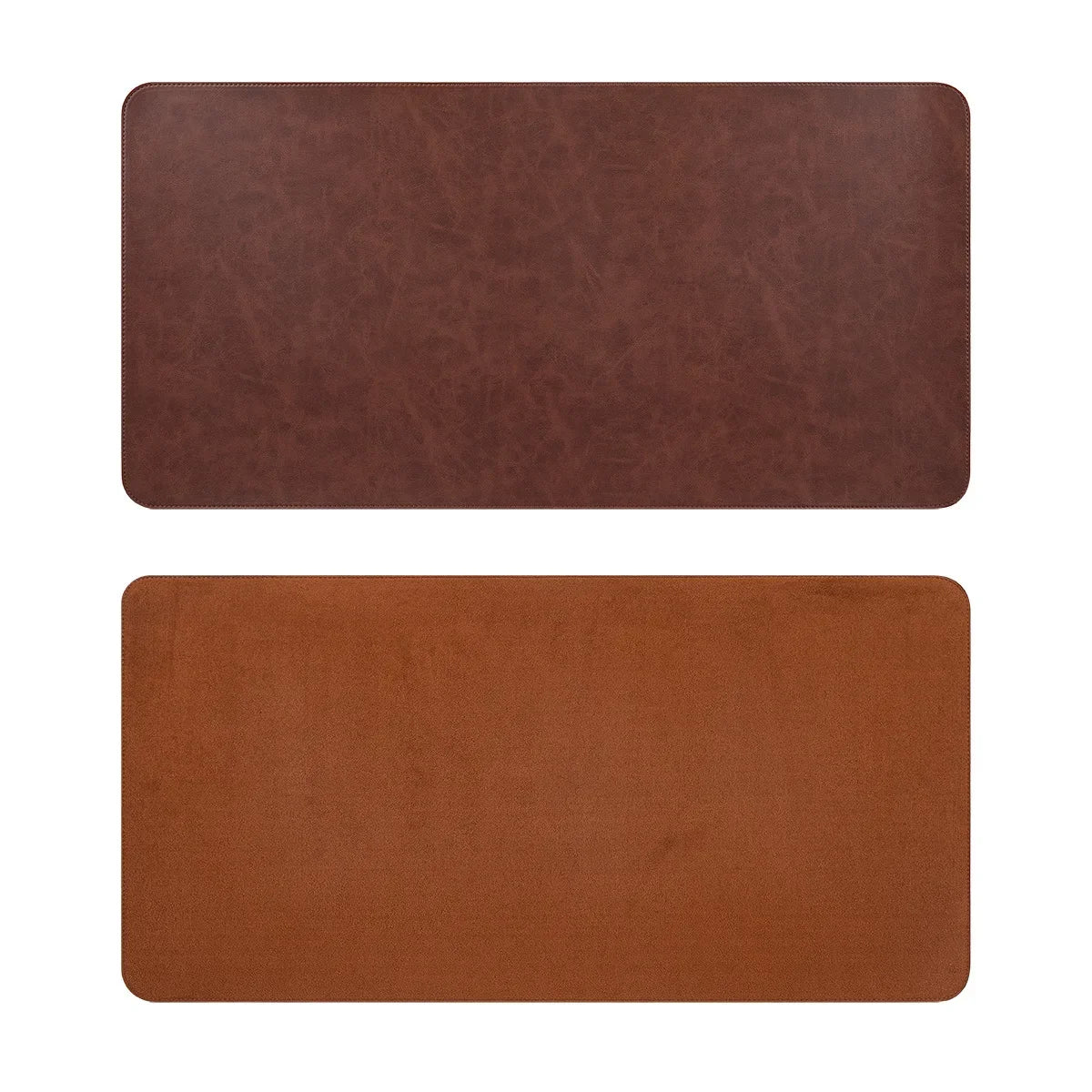 Two brown leather placemats on a white background