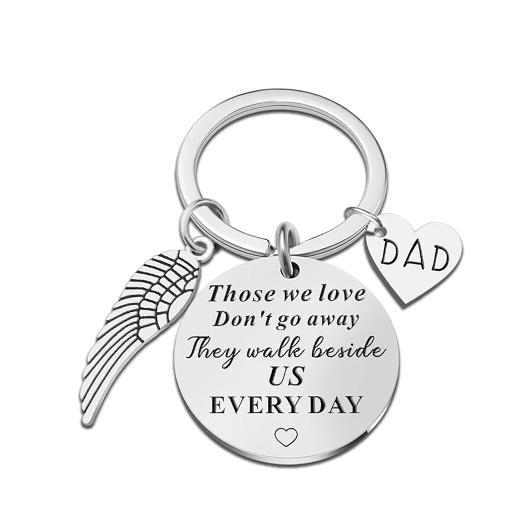 Keychain with angel wing, heart, and 'DAD' tag on a white background