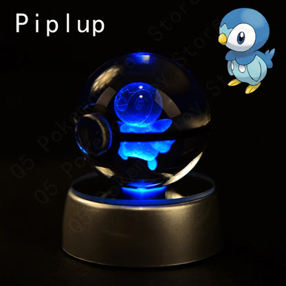 Glowing crystal ball with Piplup illustration on a dark background
