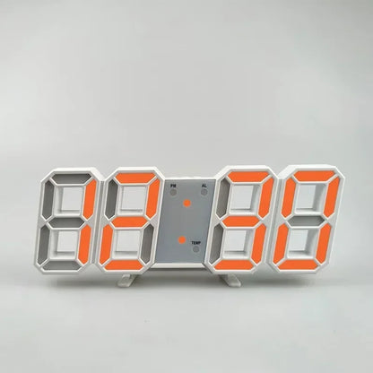 Digital clock with orange and white display on a gray background