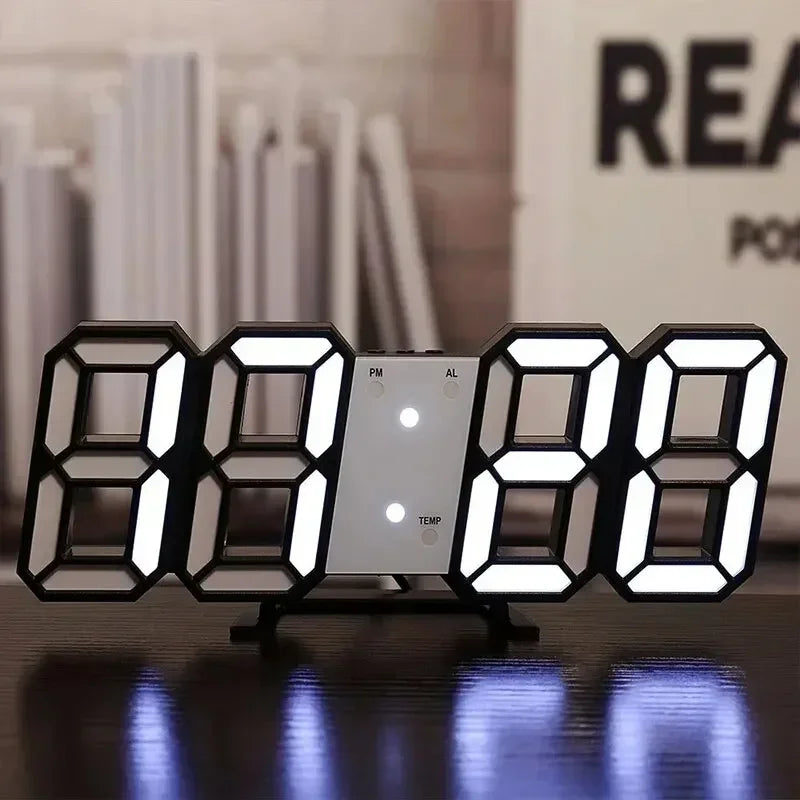 Digital clock with large LED numbers on a reflective surface