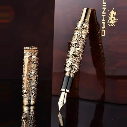 Decorative pen with intricate designs on a dark background