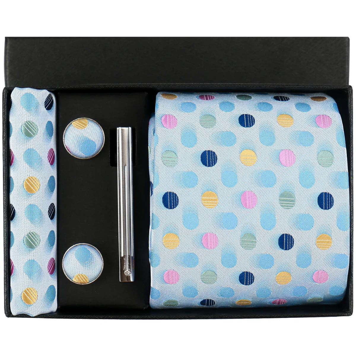 Polka dot tie set with tie, pocket square, cufflinks, and pen in a black box.