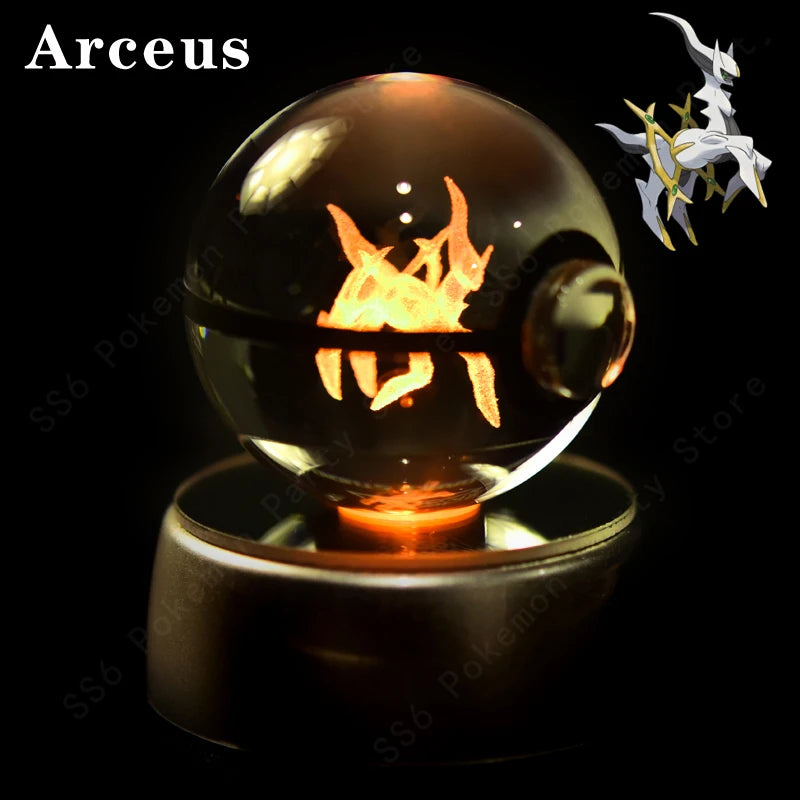 Glass ball with a dragon design on a black background, featuring the brand 'Arceus'.