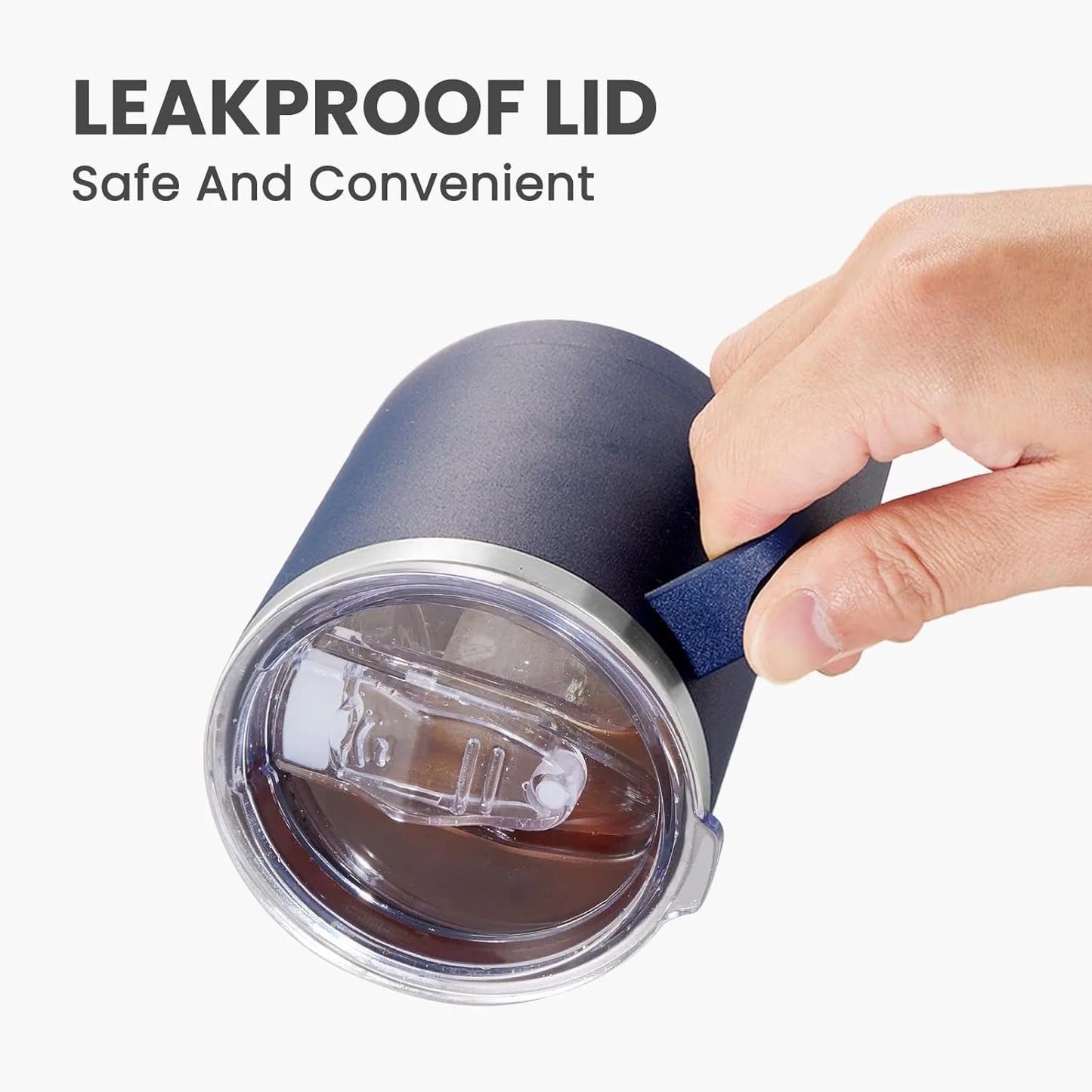 Tumbler with leakproof lid held by a hand on a white background