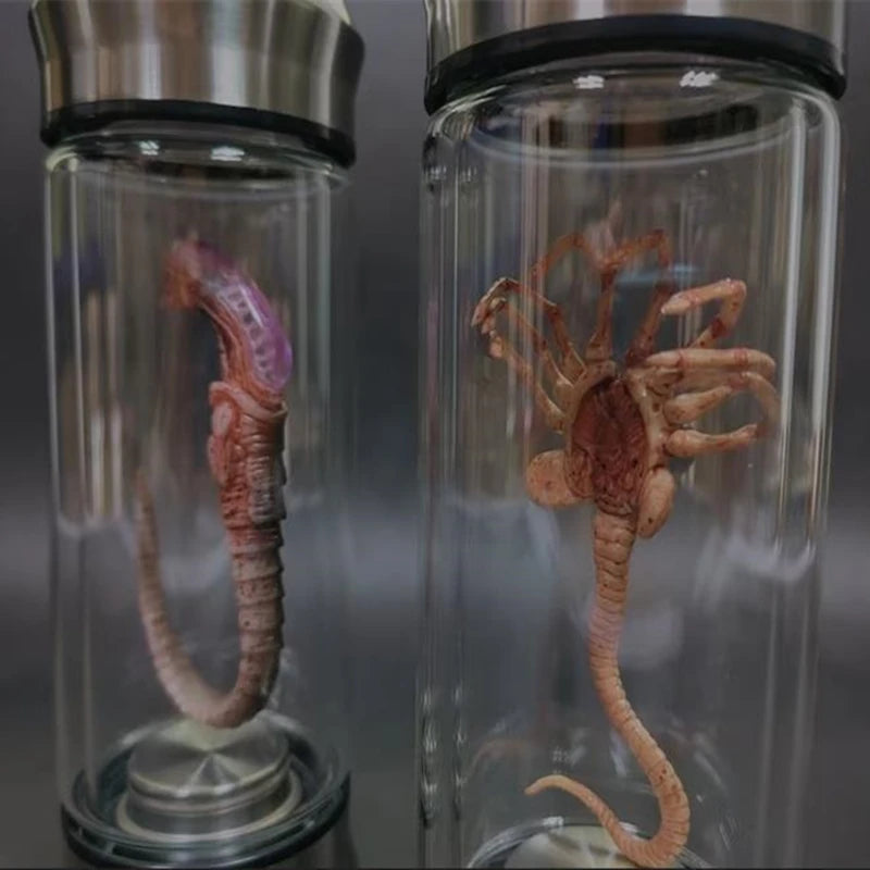 Two glass containers with model sea creatures inside on a dark background